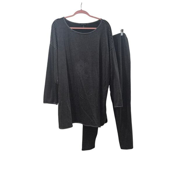 Eileen Fisher Loungewear Set- Striped Tencel Blend Gray and Black Top & Pants - Picture 1 of 15